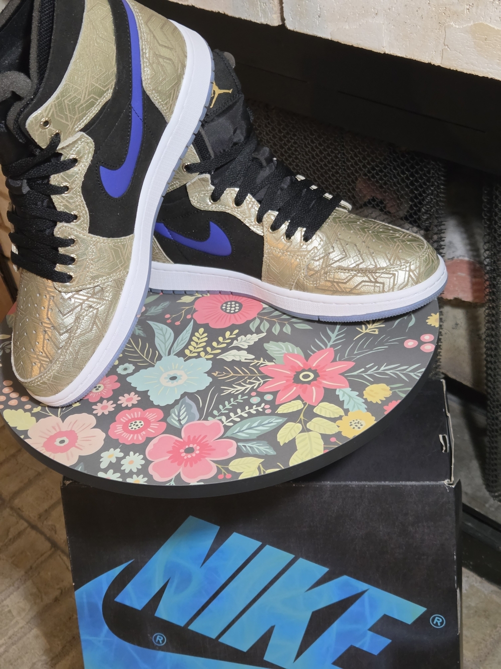 Brand New AJ1-High Black & Blue  Sneakers With Gold Prism Like Shapes